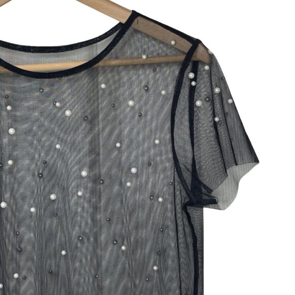 UNBRANDED | Women's Black Sheer Pearl Studded Sheer Dress | Size S - Picture 3 of 9